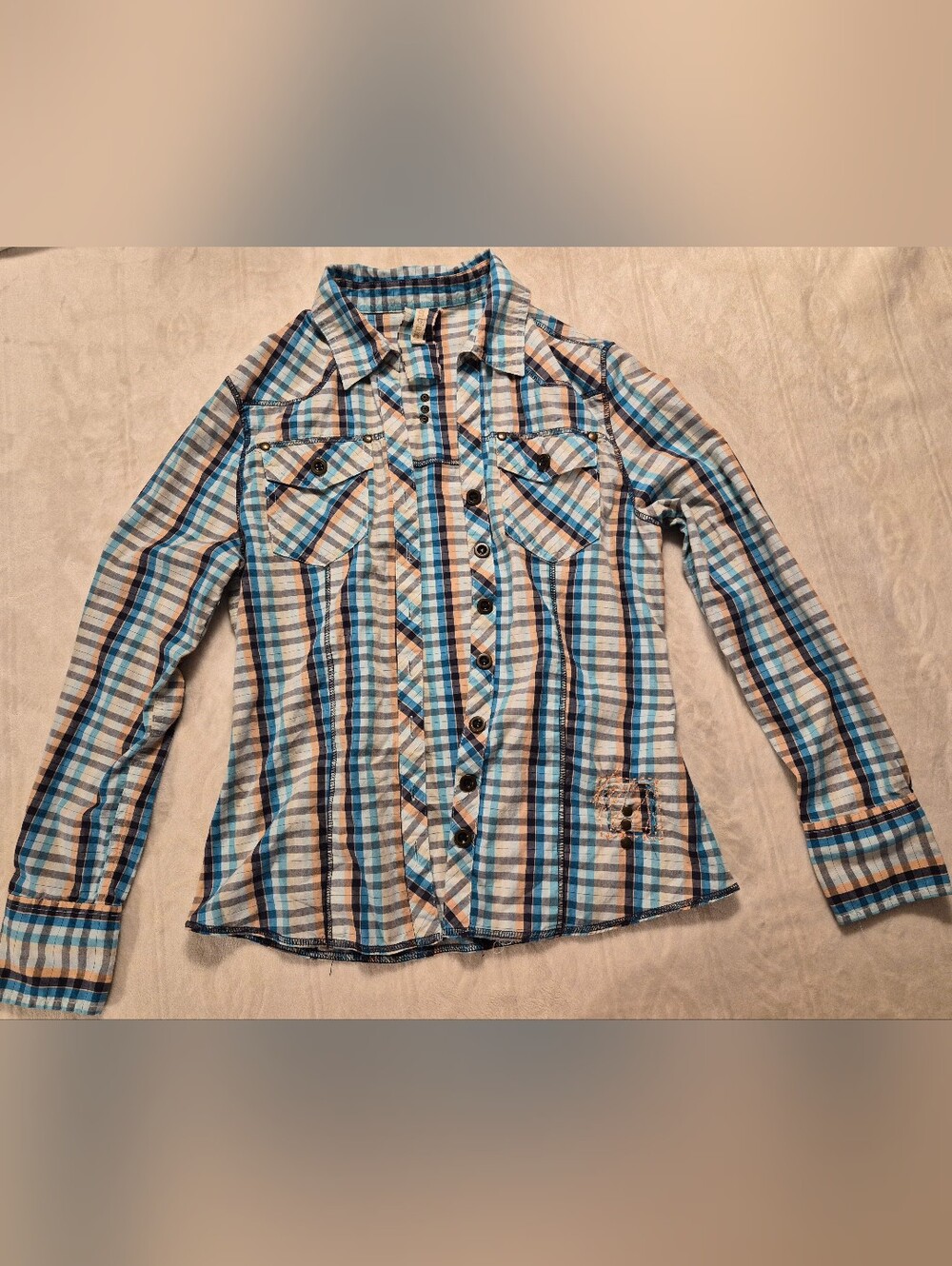 Plaid Button-Up Kids Shirt in Blue and Tan